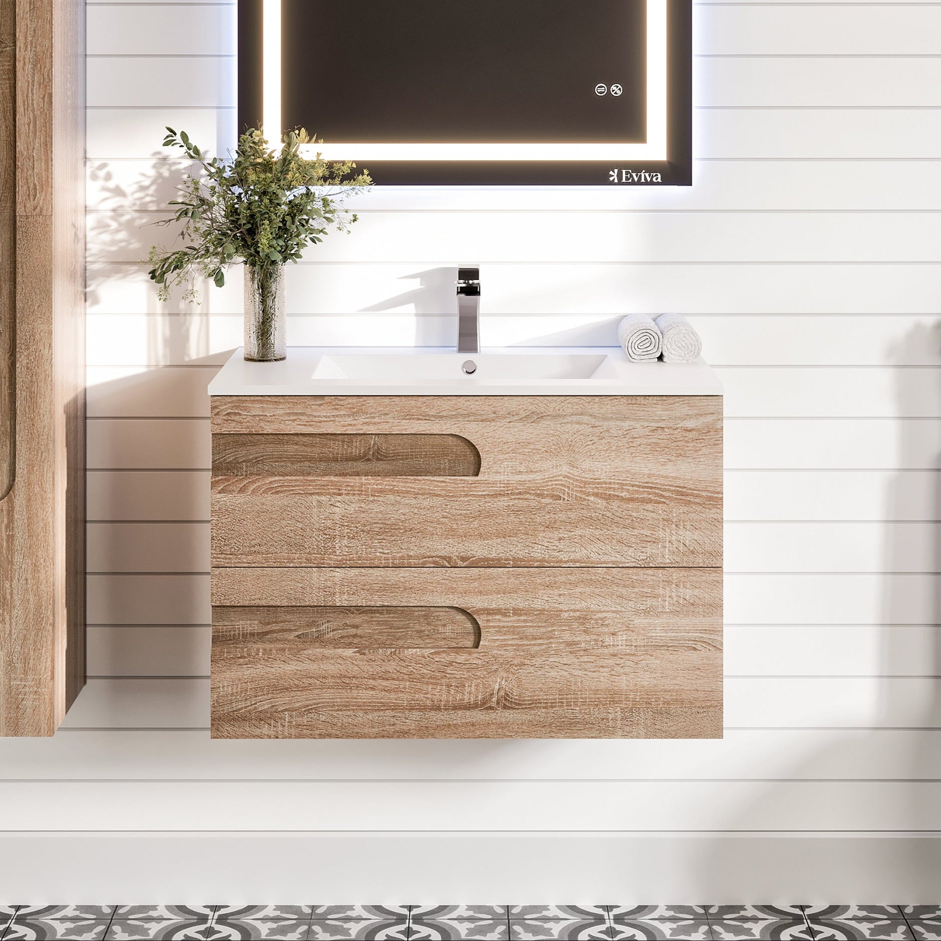 Maple wall mount single sink bath vanity with a white porcelain top and integrated sink, featuring a modern design with a visible wood grain finish.