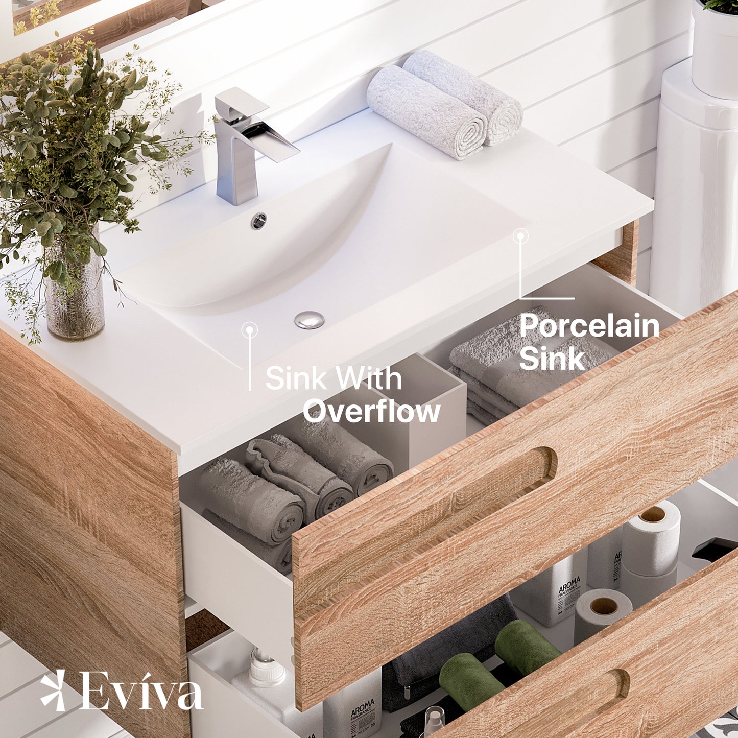 Eviva Joy 39" Maple Wall Mount Bathroom Vanity w/ White Integrated Top