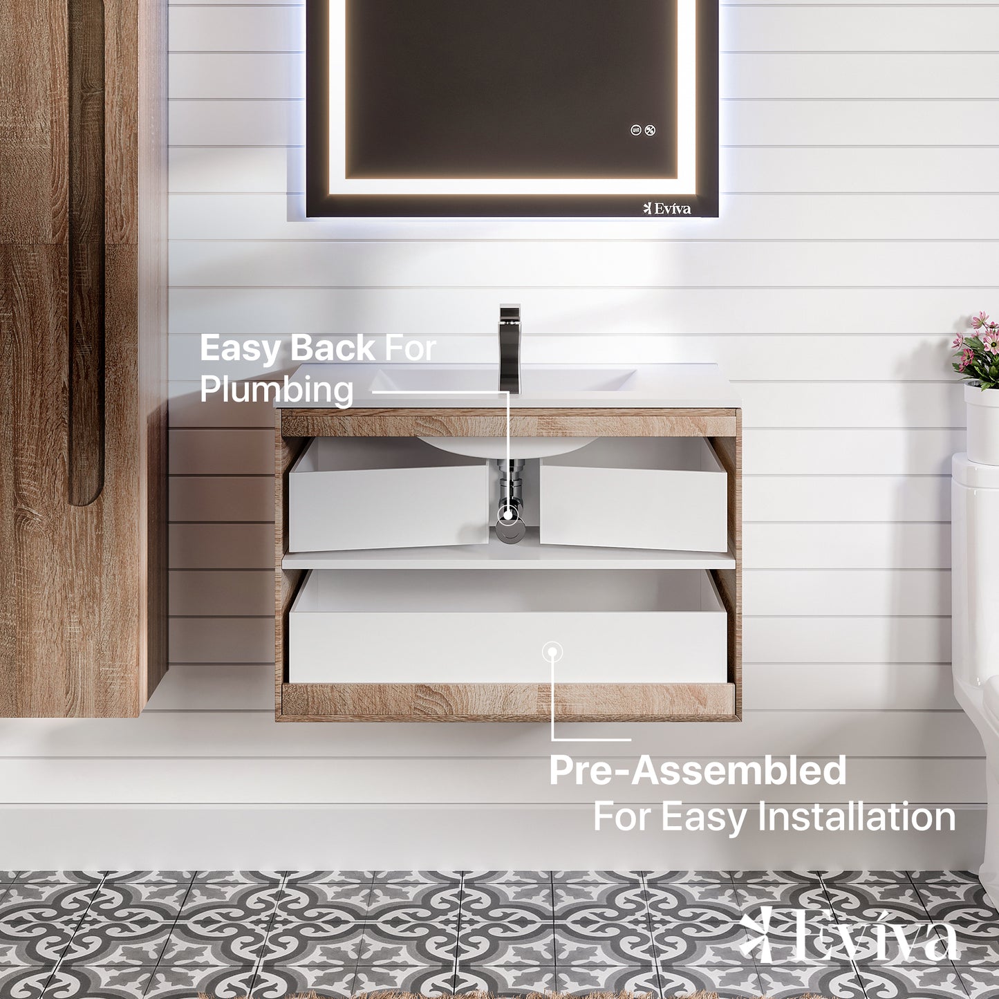 Eviva Joy 39" Maple Wall Mount Bathroom Vanity w/ White Integrated Top