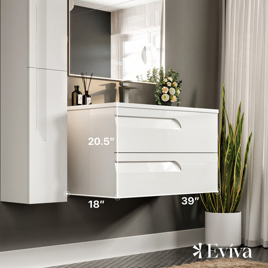 Joy 39"W x 18"D White Wall Mount Bathroom Vanity with Porcelain Countertop and Integrated Sink