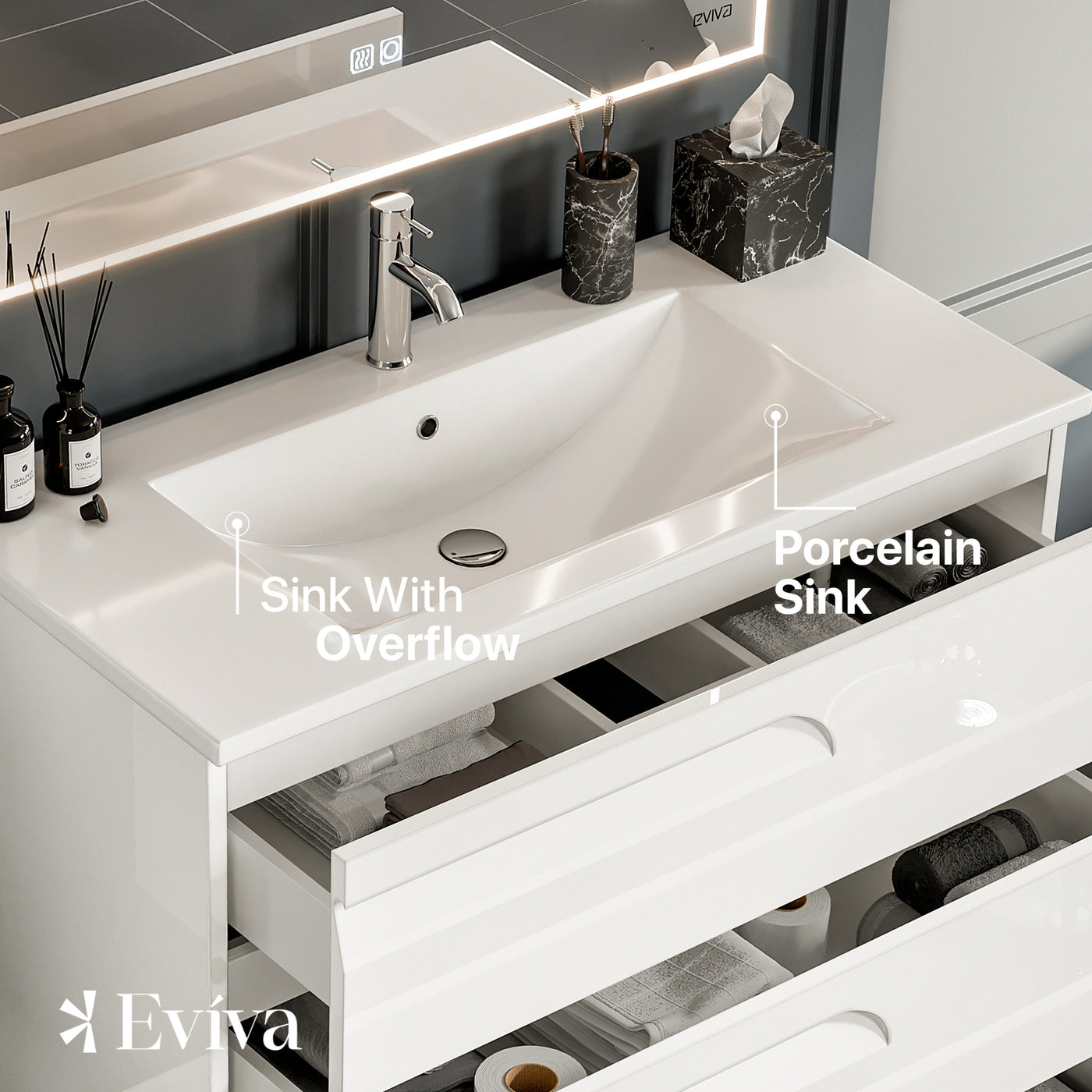 Joy 40"W x 18"D White Bathroom Vanity with White Porcelain Countertop and Integrated Sink