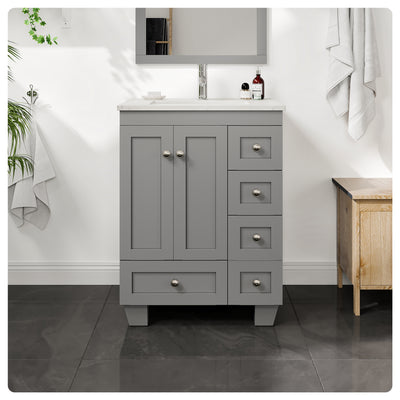 Happy 24"W x 18"D Gray Bathroom Vanity with White Carrara Quartz Countertop and Undermount Porcelain Sink