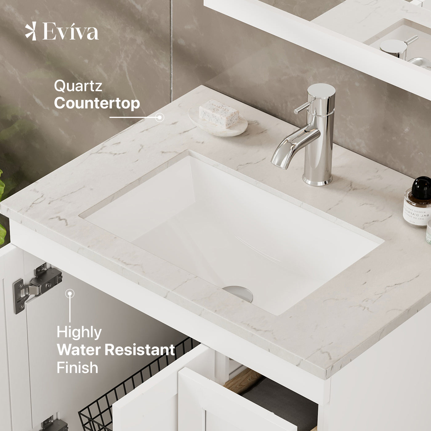 Happy 24"W x 18"D White Bathroom Vanity with White Carrara Quartz Countertop and Undermount Porcelain Sink