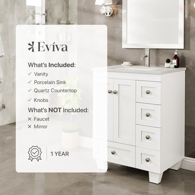 Happy 24"W x 18"D White Bathroom Vanity with White Carrara Quartz Countertop and Undermount Porcelain Sink
