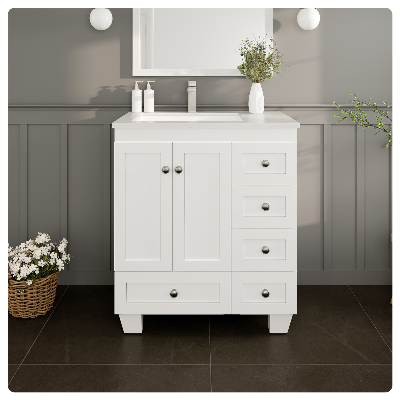 Happy 30"W x 18"D White Bathroom Vanity with White Carrara Quartz Countertop and Undermount Porcelain Sink