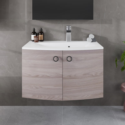 Romina 28"W x 22"D Gray Oak Wall Mount Bathroom Vanity with White Acrylic Countertop and Integrated Sink