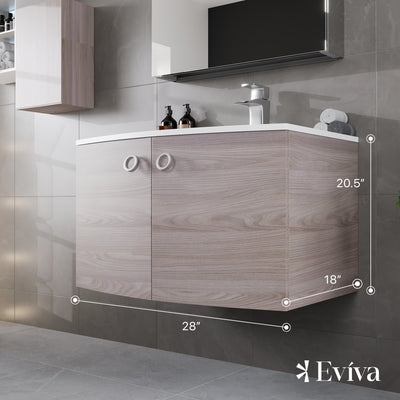 Romina 28"W x 22"D Gray Oak Wall Mount Bathroom Vanity with White Acrylic Countertop and Integrated Sink