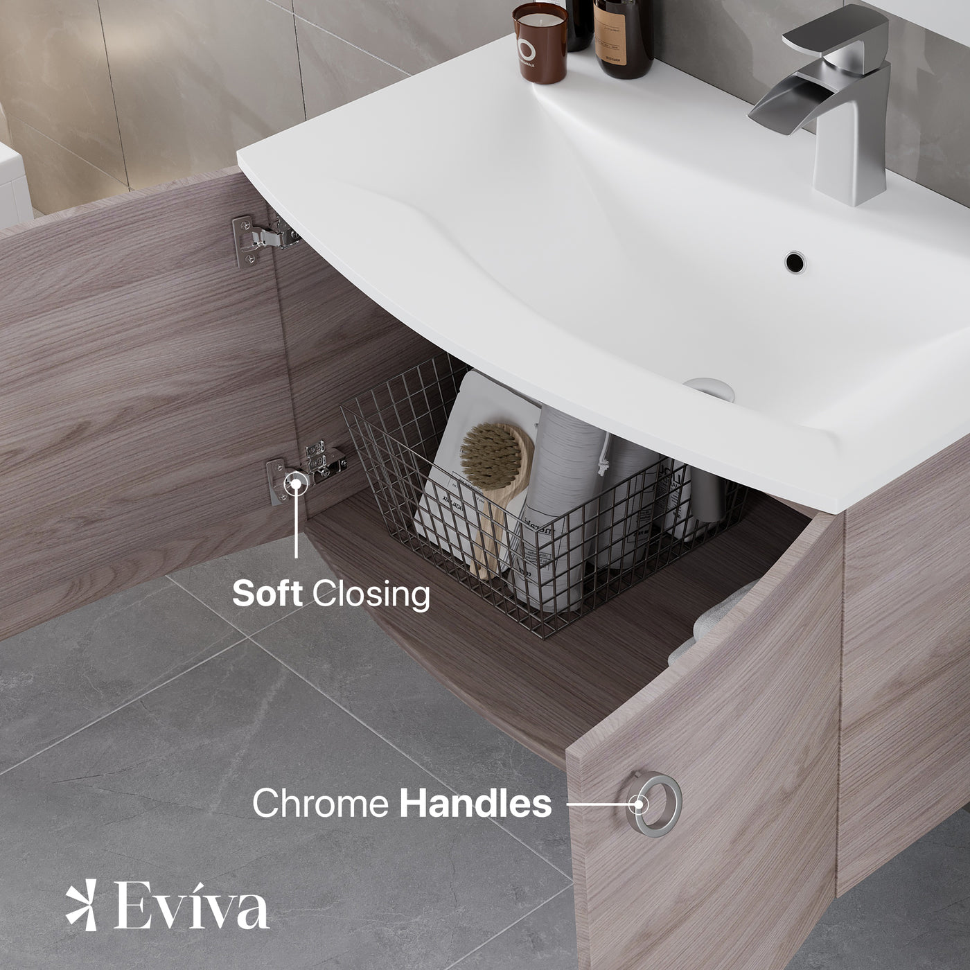 Romina 28"W x 22"D Gray Oak Wall Mount Bathroom Vanity with White Acrylic Countertop and Integrated Sink