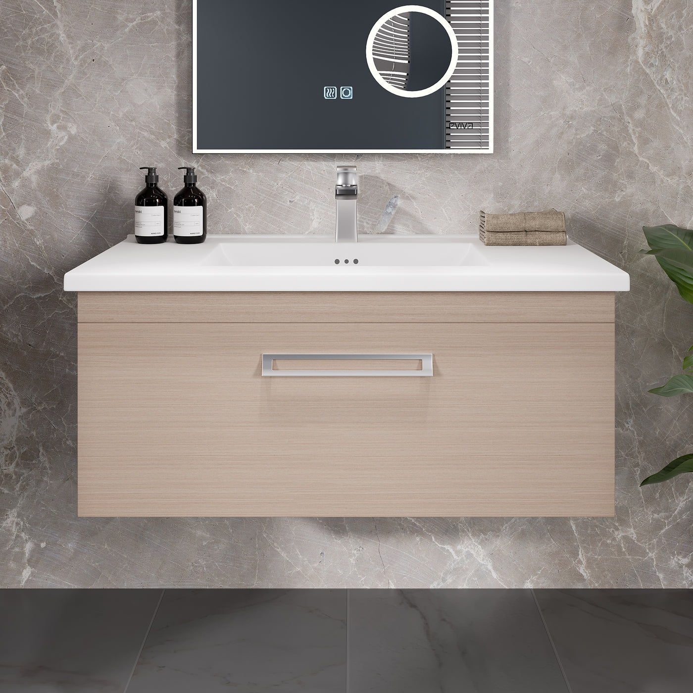 Eviva Orleans 38"W x 20"D Light Oak Wall Mount Bathroom Vanity with 1 Drawer and White Porcelain Countertop and Integrated Sink