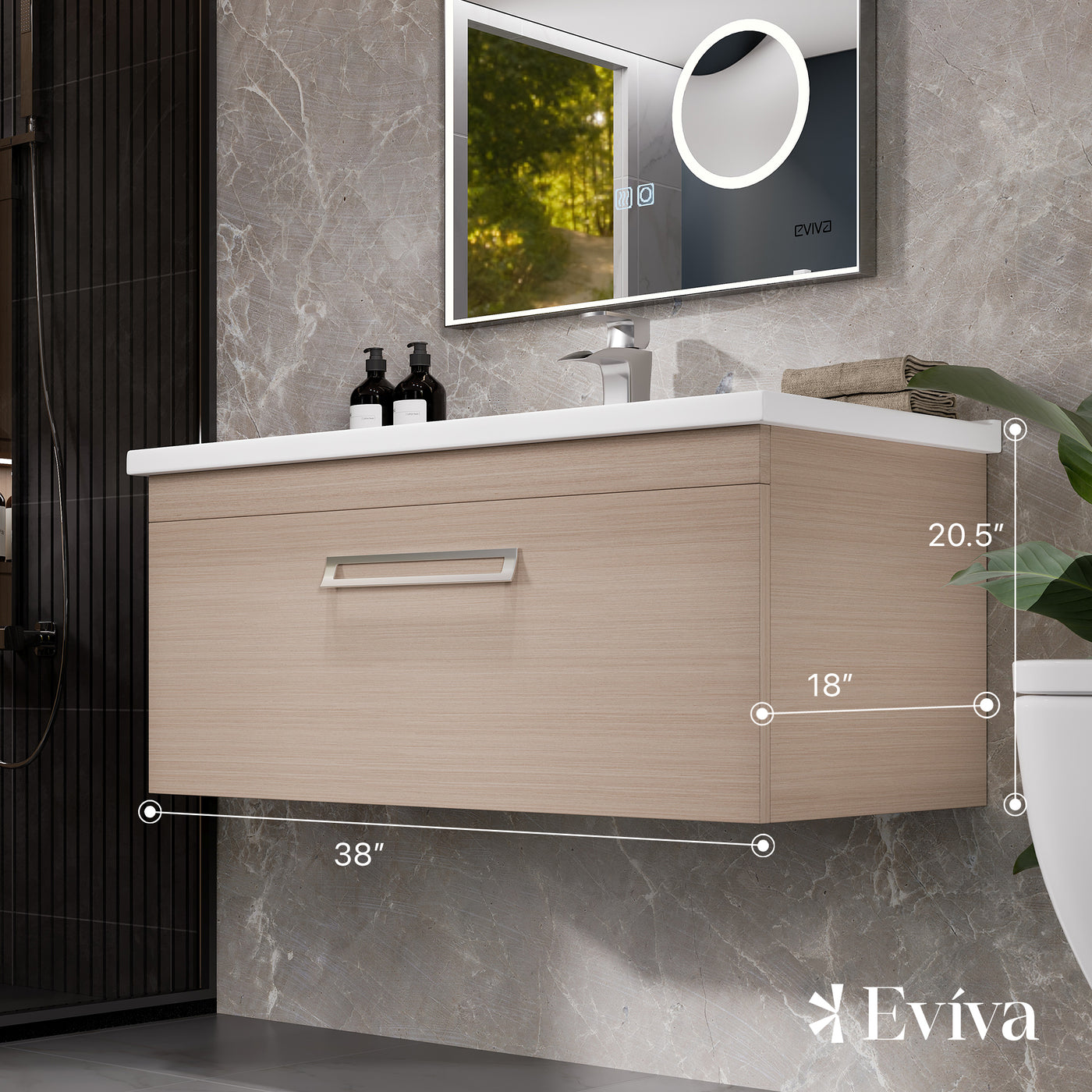 Eviva Orleans 38"W x 20"D Light Oak Wall Mount Bathroom Vanity with 1 Drawer and White Porcelain Countertop and Integrated Sink