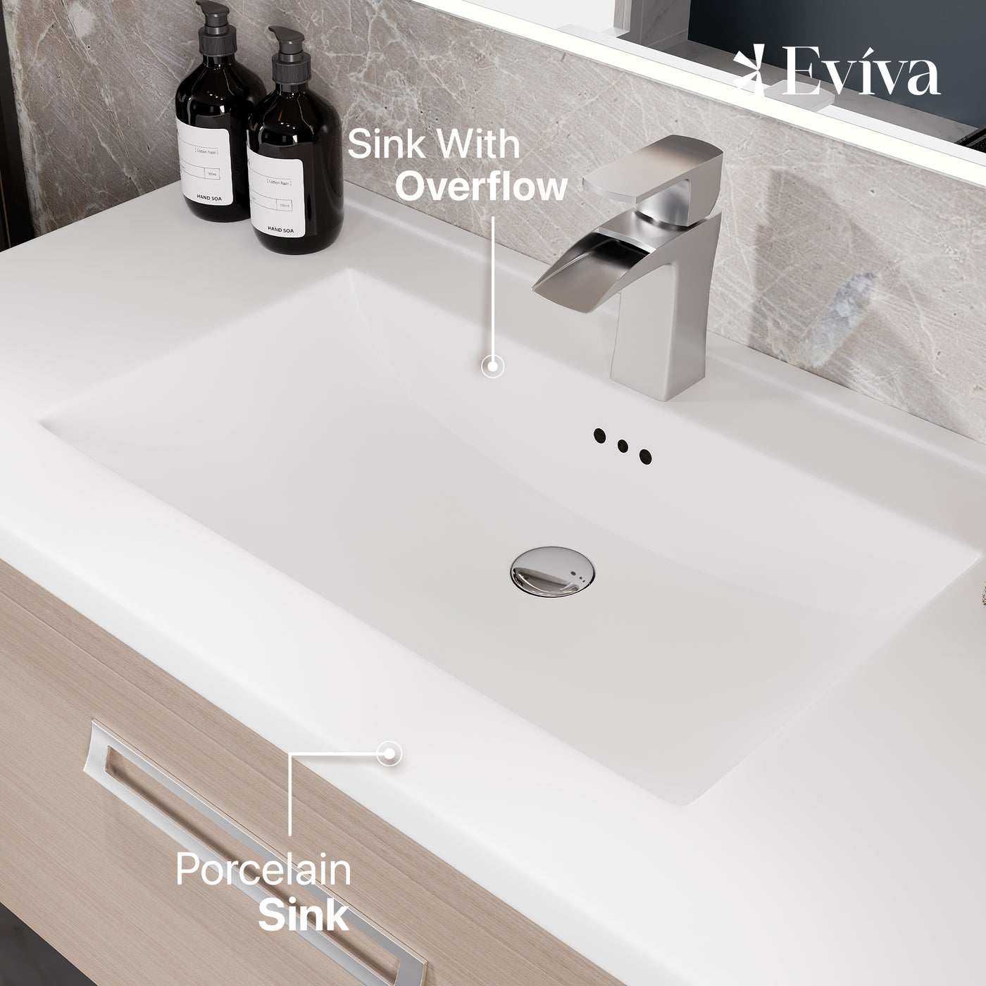 Eviva Orleans 38"W x 20"D Light Oak Wall Mount Bathroom Vanity with 1 Drawer and White Porcelain Countertop and Integrated Sink