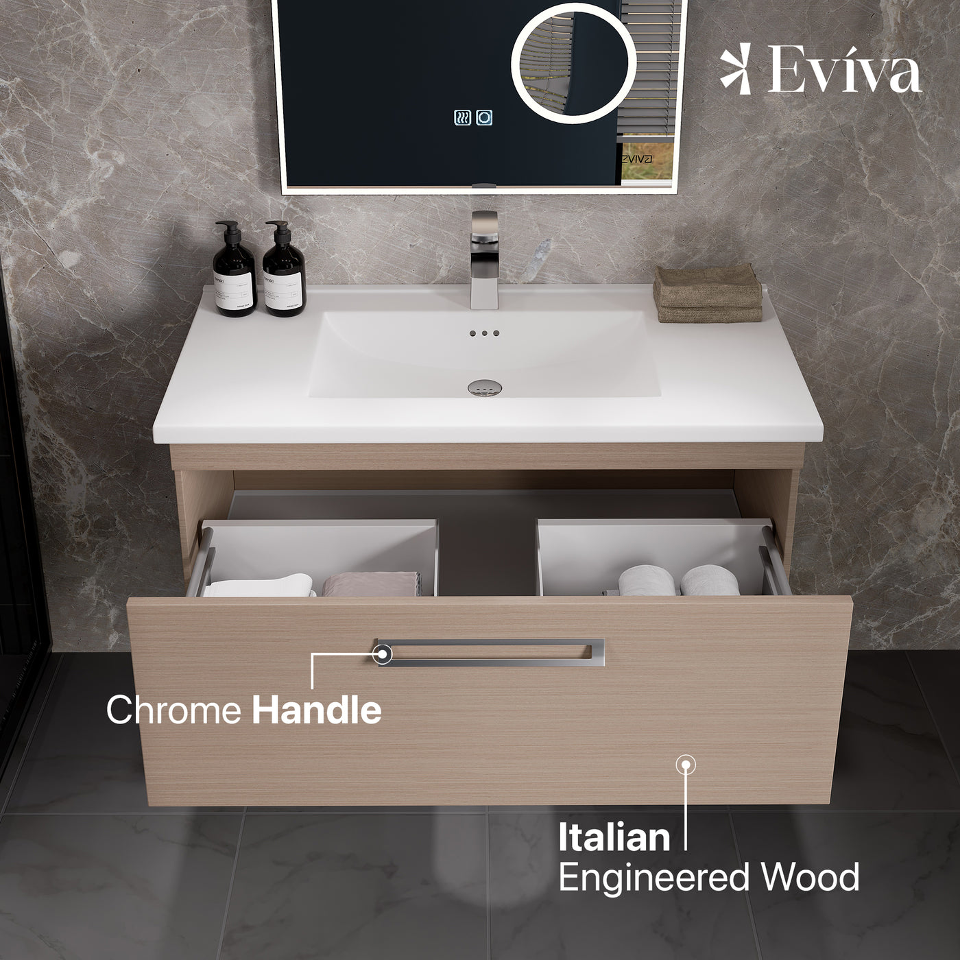 Eviva Orleans 38"W x 20"D Light Oak Wall Mount Bathroom Vanity with 1 Drawer and White Porcelain Countertop and Integrated Sink