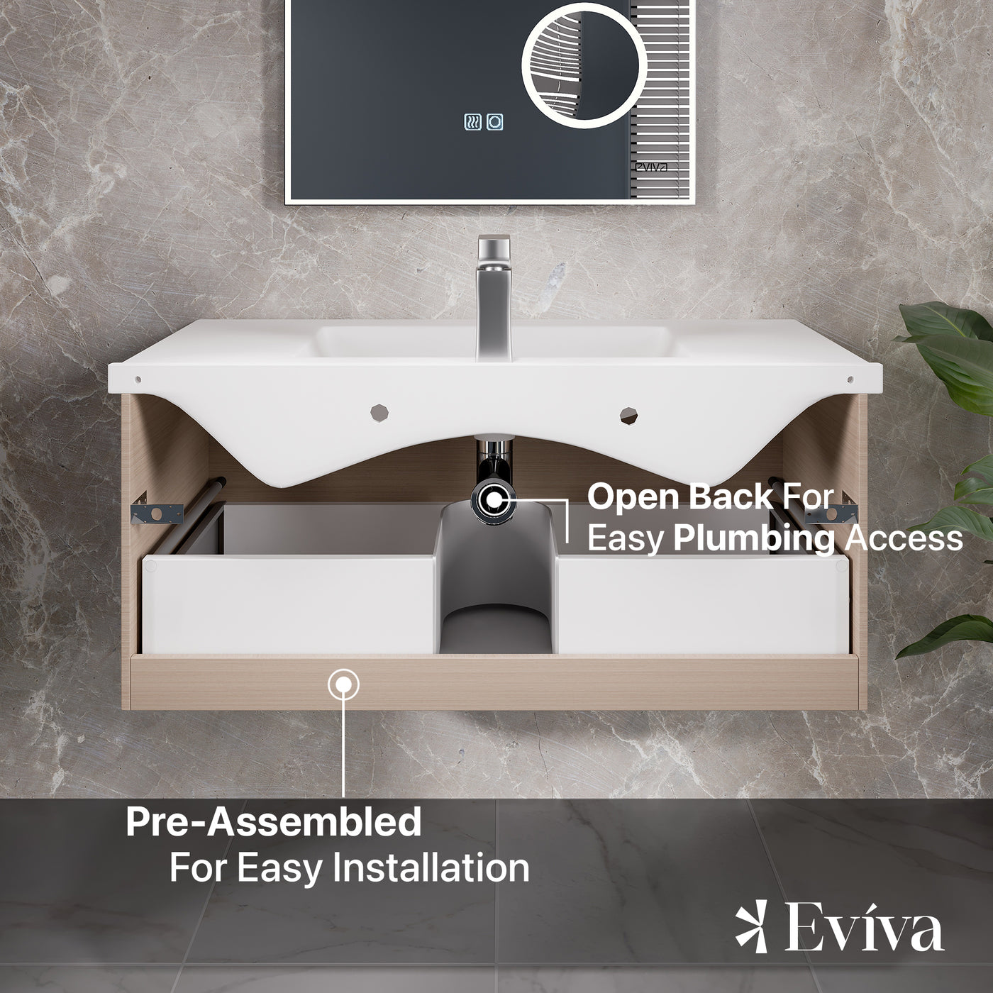 Eviva Orleans 38"W x 20"D Light Oak Wall Mount Bathroom Vanity with 1 Drawer and White Porcelain Countertop and Integrated Sink