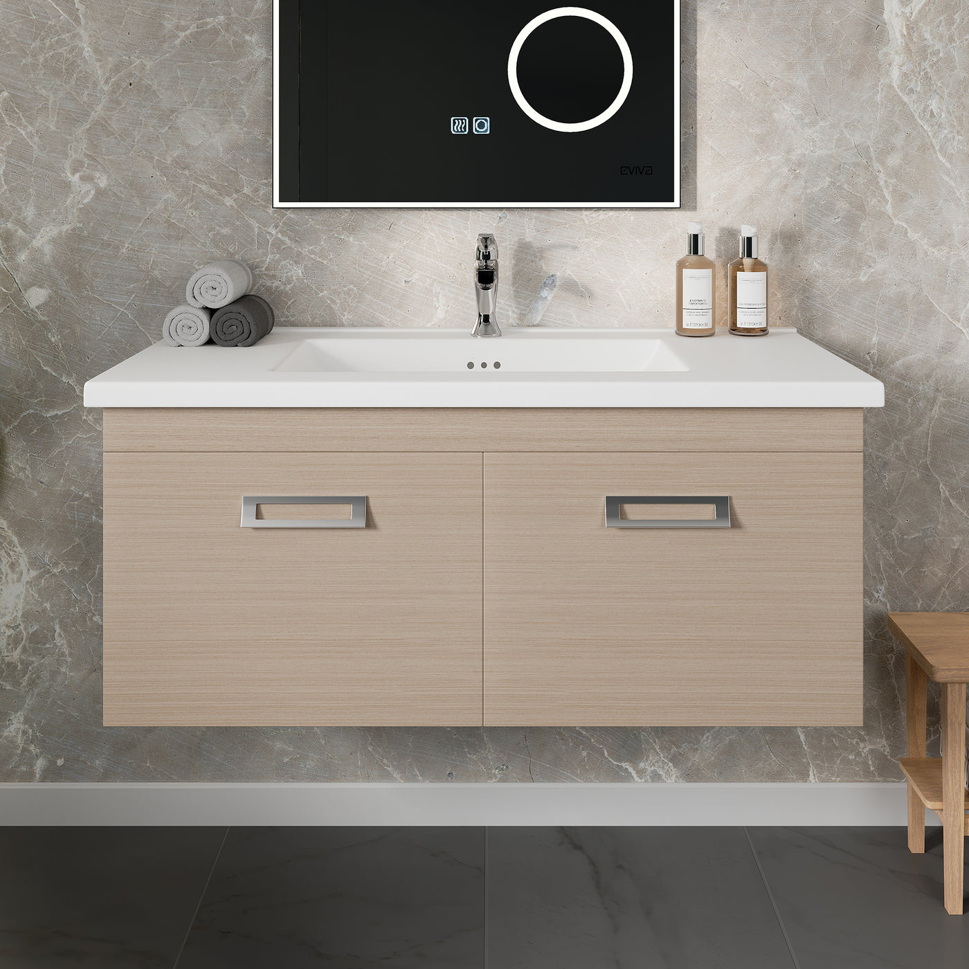 Orleans 38"W x 20"D Light Oak Wall Mount Bathroom Vanity with White Porcelain Countertop and Integrated Sink