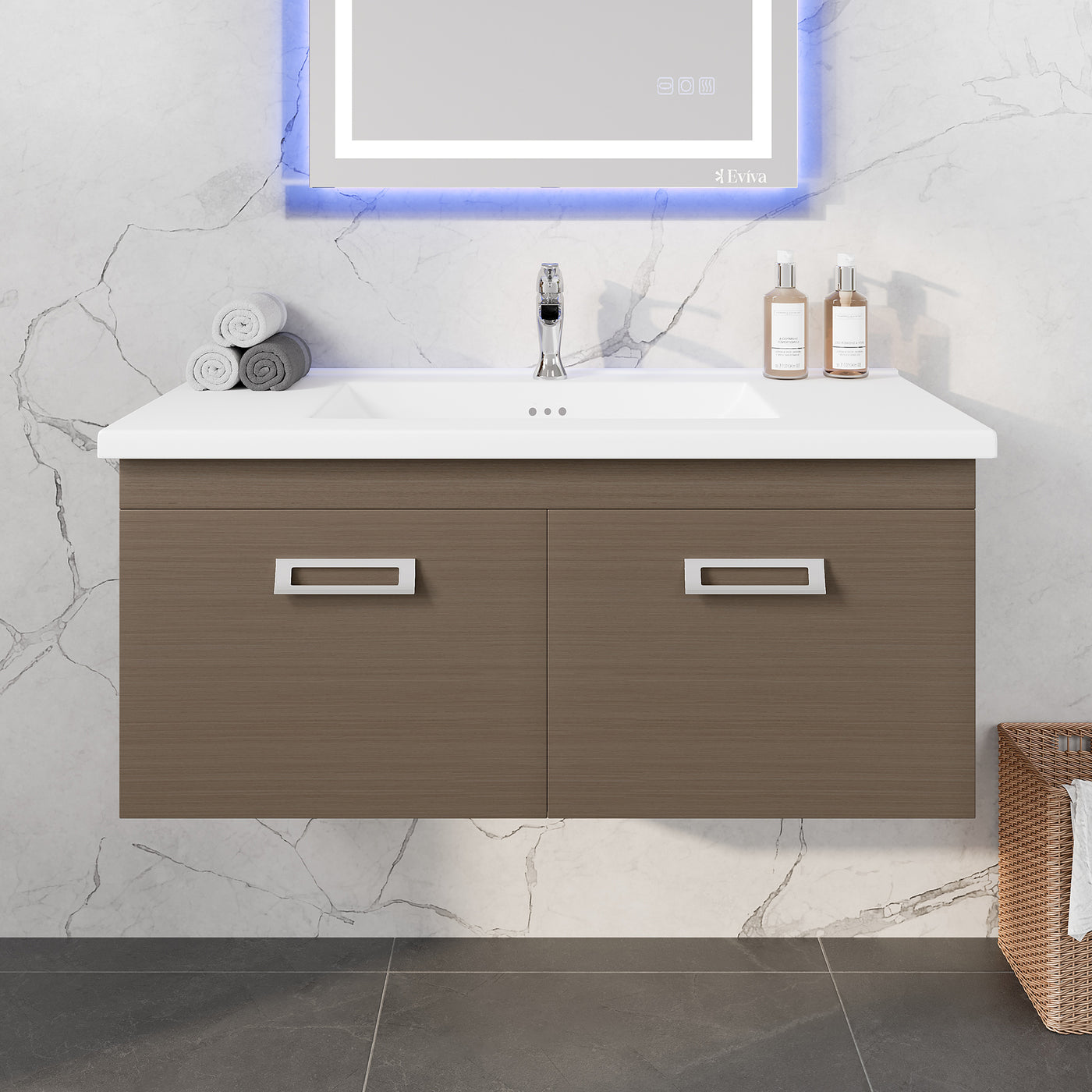 Orleans 38"W x 20"D Wenge Wall Mount Bathroom Vanity with White Porcelain Countertop and Integrated Sink