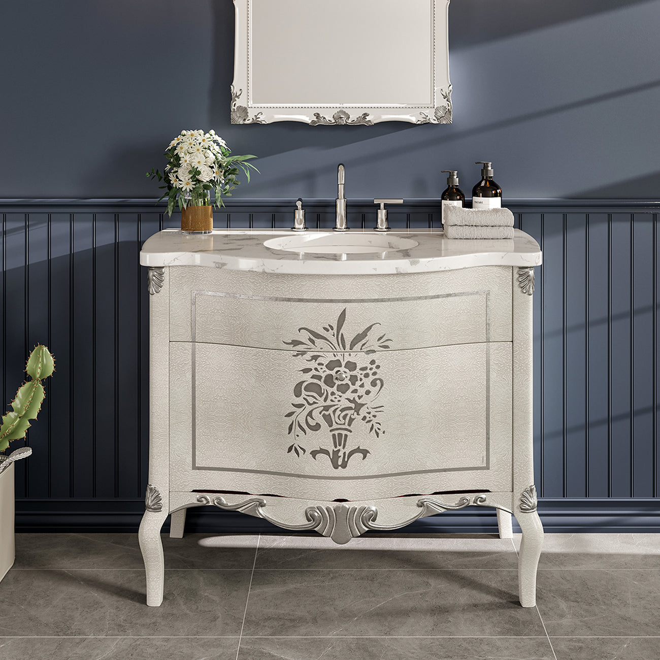 Monaco 38"W x 22"D Ivory Bathroom Vanity with White Carrara Marble Countertop and Undermount Porcelain Sink