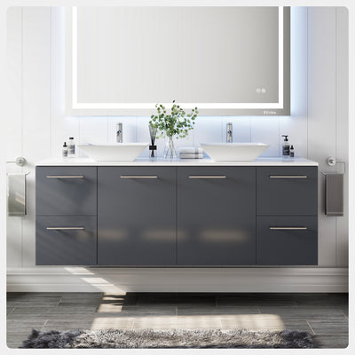 Luxurious 60"W x 22"D Gray Wall Mount Double Sink Bathroom Vanity with White Quartz Countertop and Vessel Porcelain Sinks