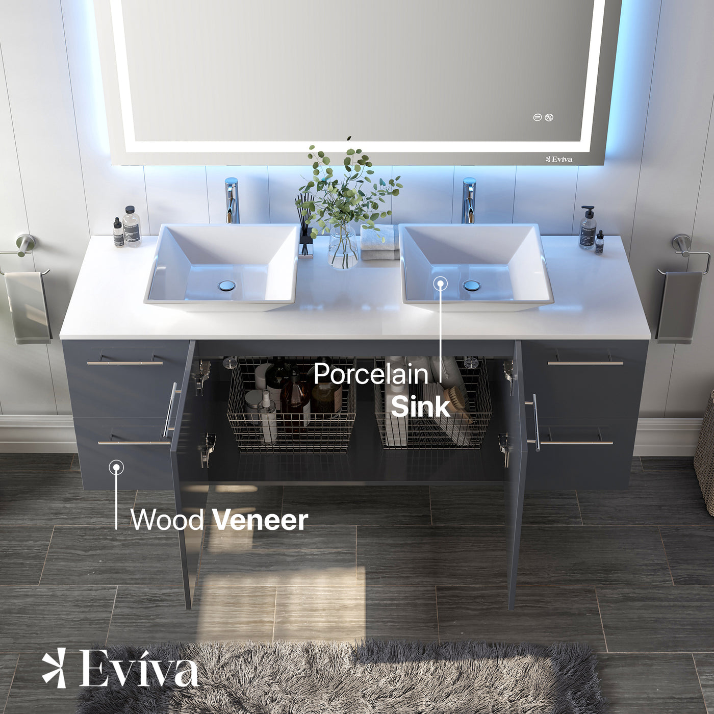 Luxurious 60"W x 22"D Gray Wall Mount Double Sink Bathroom Vanity with White Quartz Countertop and Vessel Porcelain Sinks