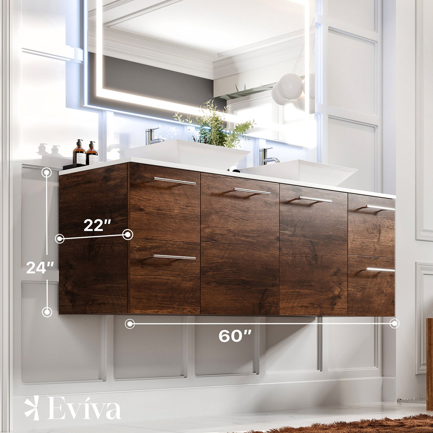 Luxurious 60"W x 22"D Rosewood Wall Mount Double Sink Bathroom Vanity with White Quartz Countertop and Vessel Porcelain Sinks