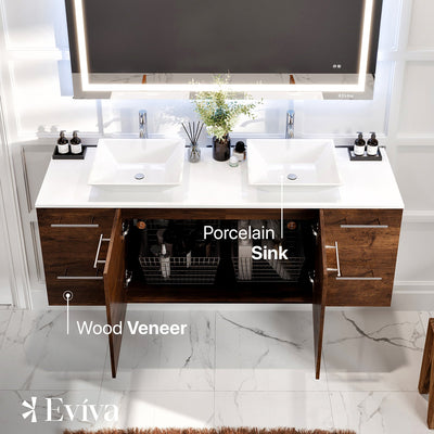 Luxurious 60"W x 22"D Rosewood Wall Mount Double Sink Bathroom Vanity with White Quartz Countertop and Vessel Porcelain Sinks