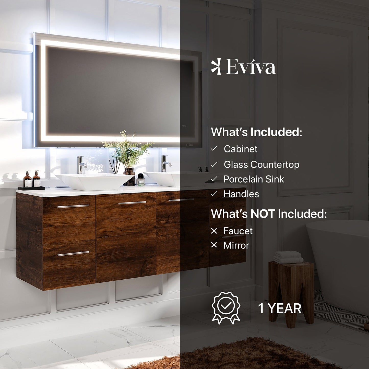 Eviva Luxurious 60 Inch Double Vessel Sink Vanity in Rosewood