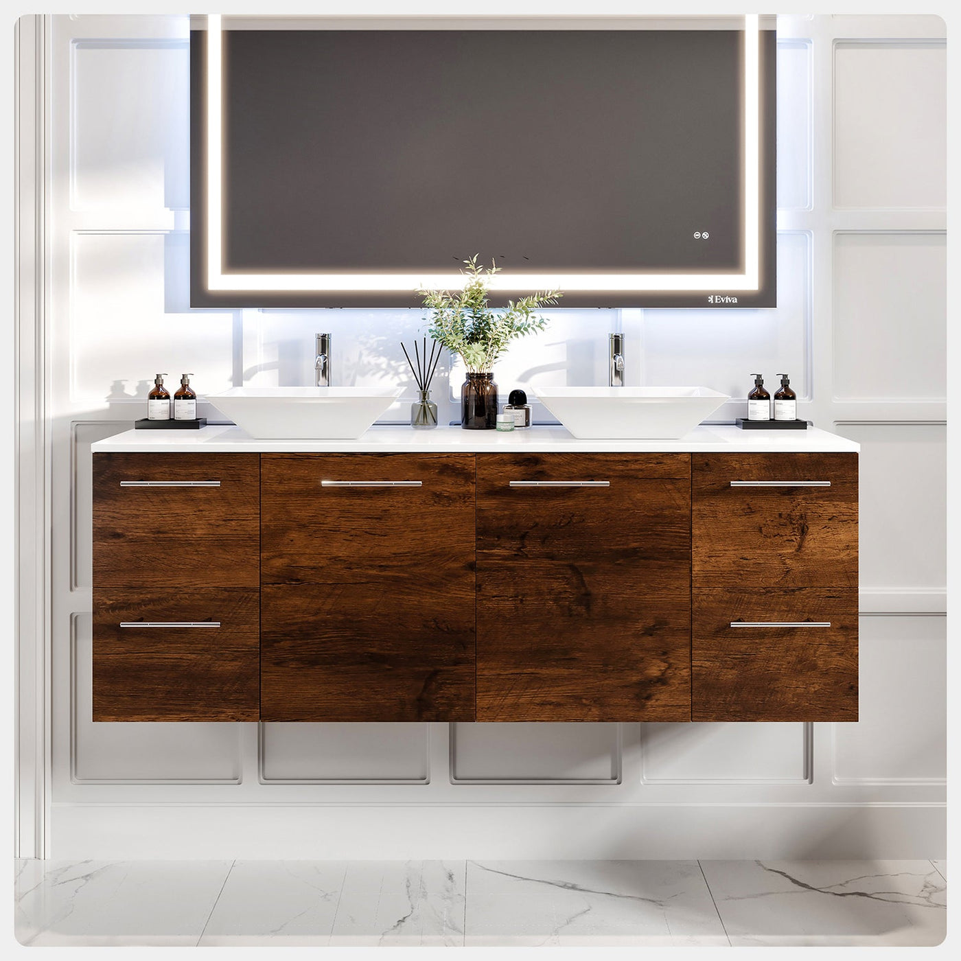 Luxurious 60"W x 22"D Rosewood Wall Mount Double Sink Bathroom Vanity with White Quartz Countertop and Vessel Porcelain Sinks