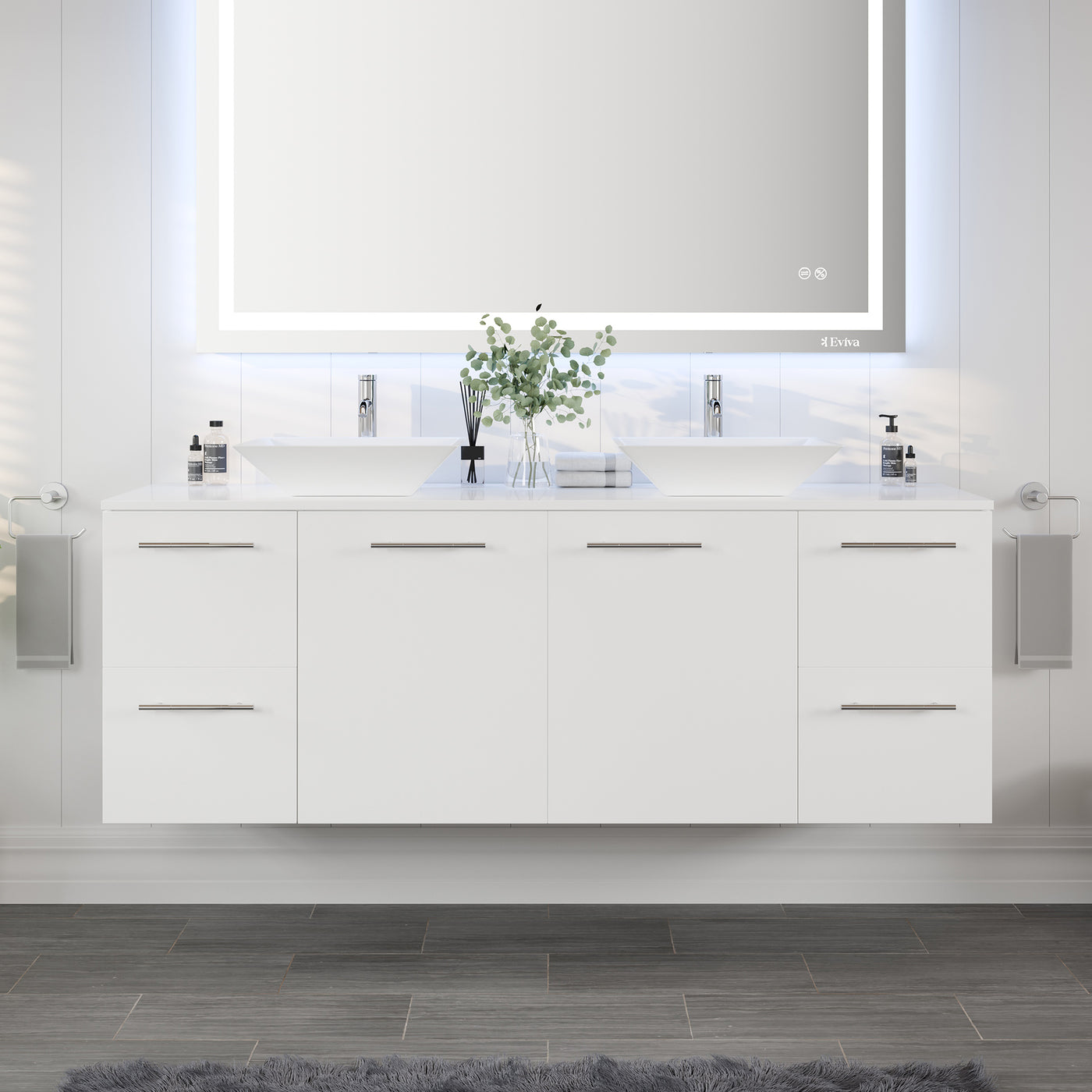 Luxurious 60"W x 22"D White Wall Mount Double Sink Bathroom Vanity with White Quartz Countertop and Vessel Porcelain Sinks