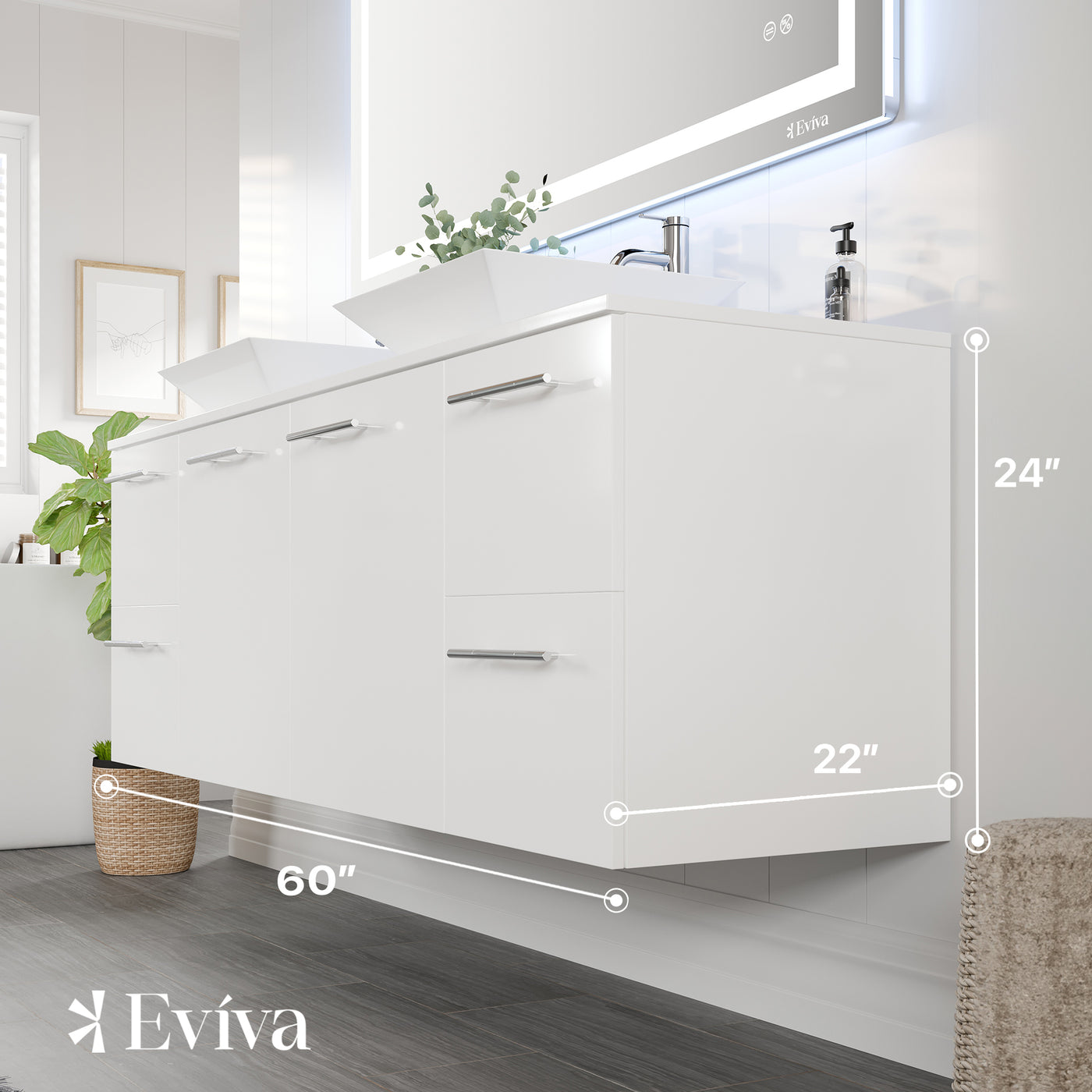 Luxurious 60"W x 22"D White Wall Mount Double Sink Bathroom Vanity with White Quartz Countertop and Vessel Porcelain Sinks