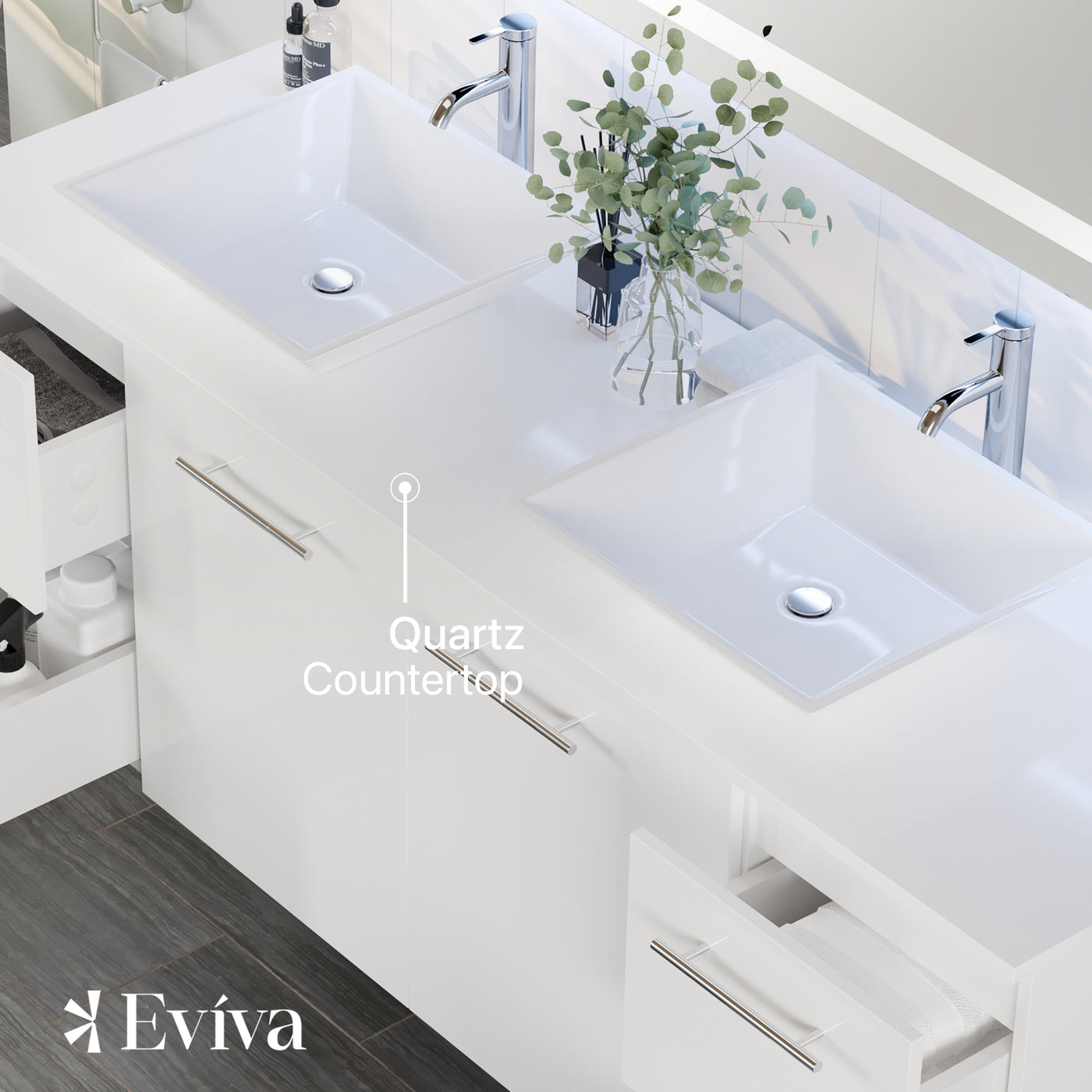 Luxurious 60"W x 22"D White Wall Mount Double Sink Bathroom Vanity with White Quartz Countertop and Vessel Porcelain Sinks