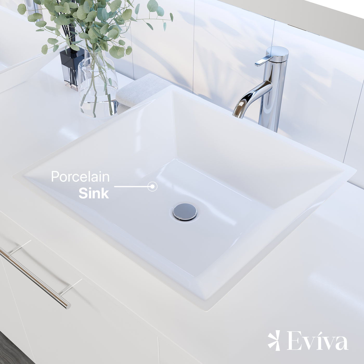 Luxurious 60"W x 22"D White Wall Mount Double Sink Bathroom Vanity with White Quartz Countertop and Vessel Porcelain Sinks