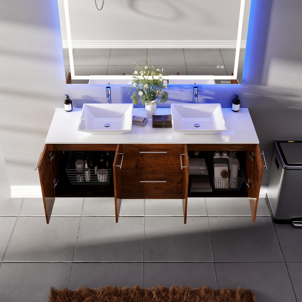 Lux 60"W x 22"D Rosewood Wall Mount Double Sink Bathroom Vanity with White Quartz Countertop and Vessel Porcelain Sinks