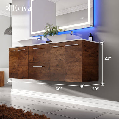 Lux 60"W x 22"D Rosewood Wall Mount Double Sink Bathroom Vanity with White Quartz Countertop and Vessel Porcelain Sinks