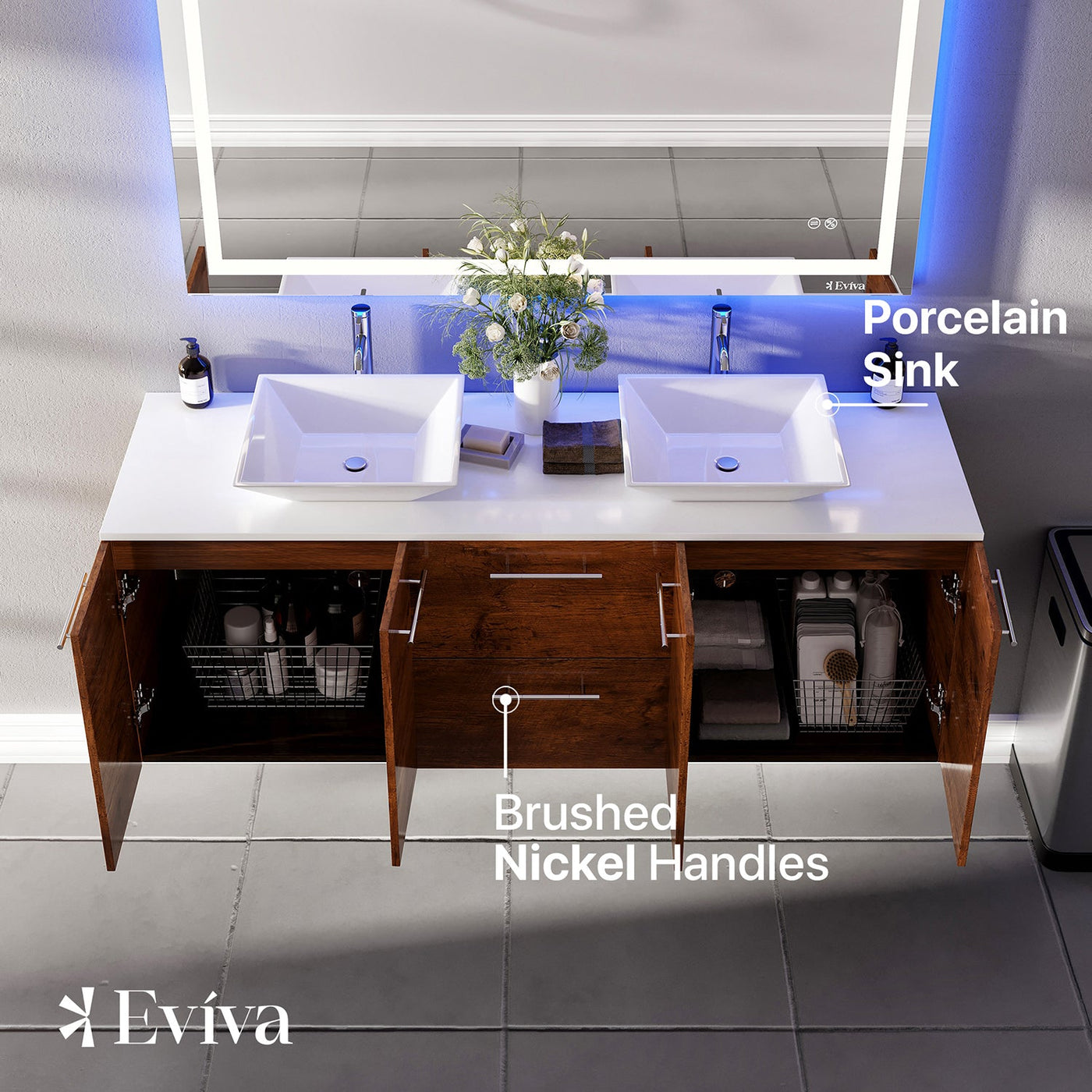 Lux 60"W x 22"D Rosewood Wall Mount Double Sink Bathroom Vanity with White Quartz Countertop and Vessel Porcelain Sinks