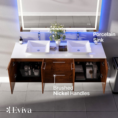 Lux 60"W x 22"D Rosewood Wall Mount Double Sink Bathroom Vanity with White Quartz Countertop and Vessel Porcelain Sinks