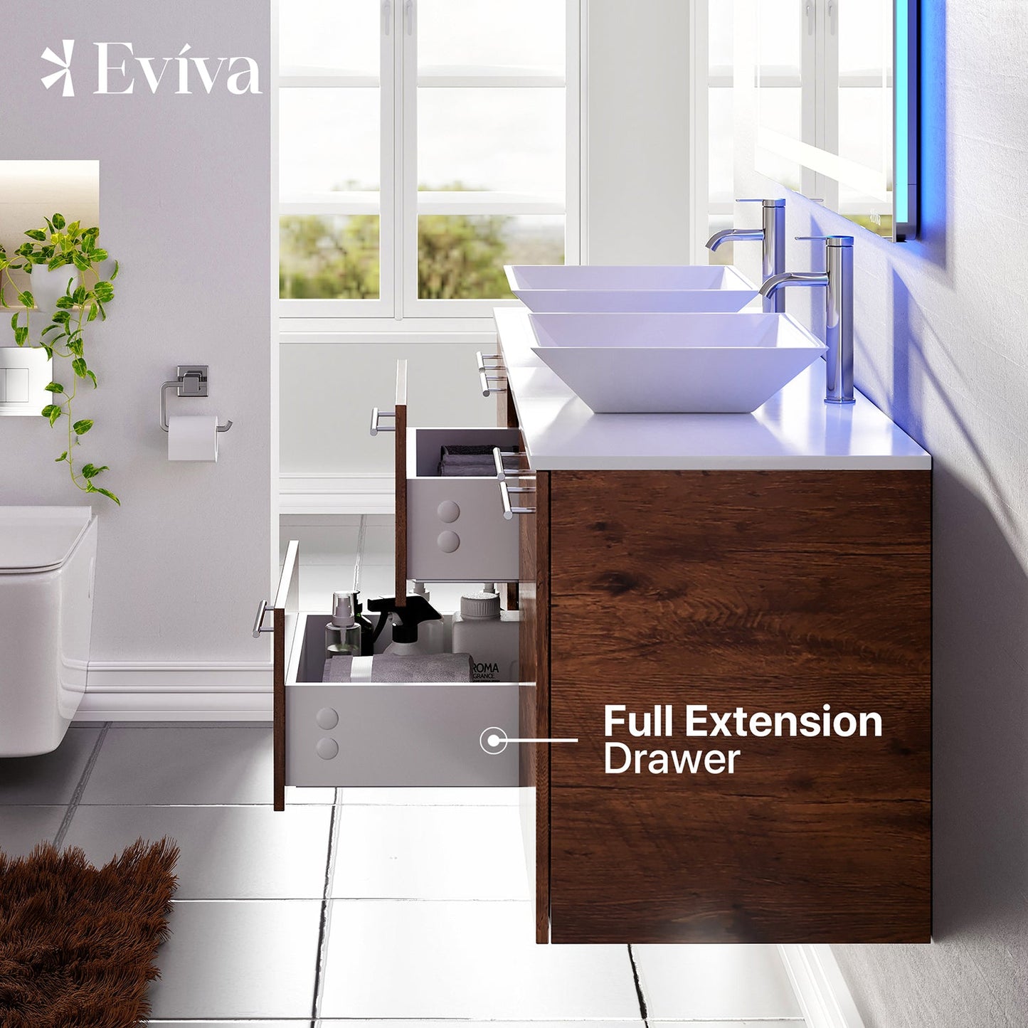 Eviva Lux 60 Inch Double Vessel Sink Vanity in Rosewood