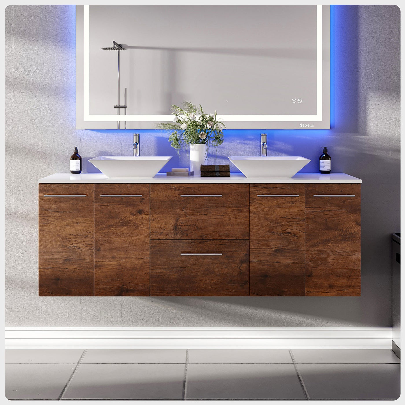 Lux 60"W x 22"D Rosewood Wall Mount Double Sink Bathroom Vanity with White Quartz Countertop and Vessel Porcelain Sinks