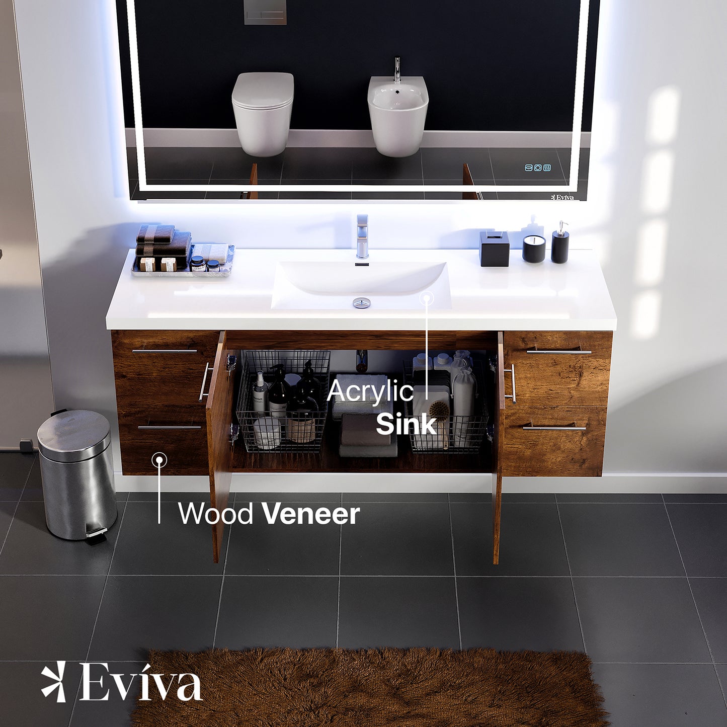 Eviva Axel 60 Inch Vanity with an Integrated Single SInk Acrylic Basin in Rosewood