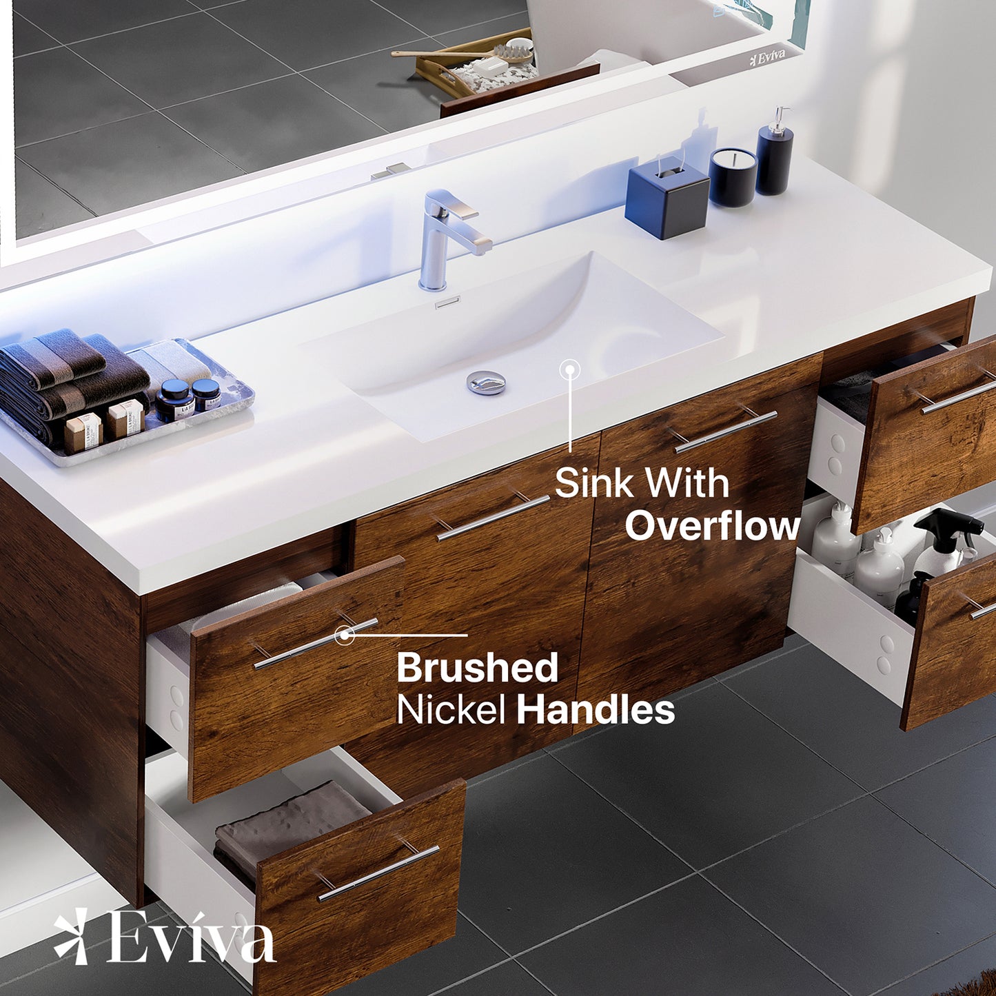 Axel 59"W x 20"D Rosewood Bathroom Vanity with Acrylic Countertop and Integrated Sink