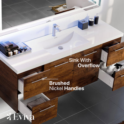 Axel 59"W x 20"D Rosewood Wall Mount Bathroom Vanity with White Acrylic Countertop and Integrated Sink