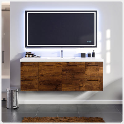 Axel 59"W x 20"D Rosewood Wall Mount Bathroom Vanity with White Acrylic Countertop and Integrated Sink