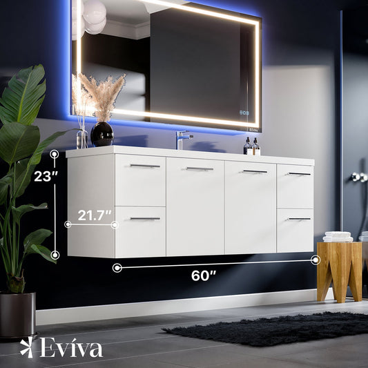 Eviva Axel 60 Inch Vanity with an Integrated Single SInk Acrylic Basin in White