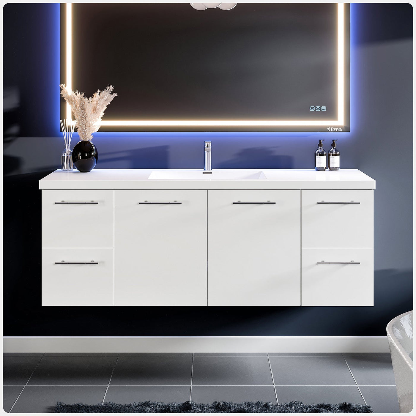 Axel 59"W x 20"D White Wall Mount Bathroom Vanity with White Acrylic Countertop and Integrated Sink