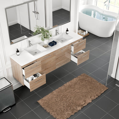 Luxy 72"W x 22"D White Oak Wall Mount Double Sink Bathroom Vanity with White Quartz Countertop and Vessel Porcelain Sinks