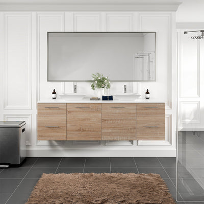 Luxy 72"W x 22"D White Oak Wall Mount Double Sink Bathroom Vanity with White Quartz Countertop and Vessel Porcelain Sinks