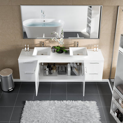 Luxy 72"W x 22"D White Wall Mount Double Sink Bathroom Vanity with White Quartz Countertop and Vessel Porcelain Sinks