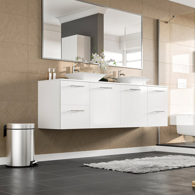 Luxy 72"W x 22"D White Wall Mount Double Sink Bathroom Vanity with White Quartz Countertop and Vessel Porcelain Sinks