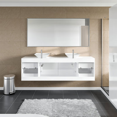 Luxy 72"W x 22"D White Wall Mount Double Sink Bathroom Vanity with White Quartz Countertop and Vessel Porcelain Sinks