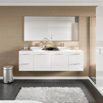 Luxy 72"W x 22"D White Wall Mount Double Sink Bathroom Vanity with White Quartz Countertop and Vessel Porcelain Sinks