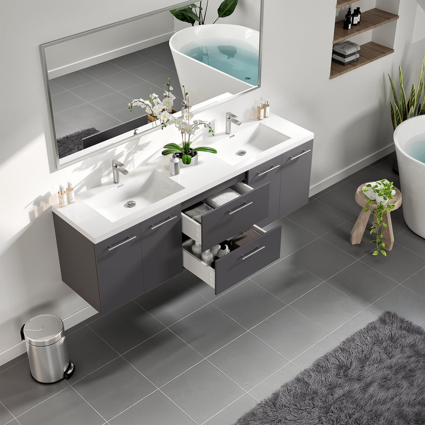 Axis 72"W x 20"D Gray Wall Mount Double Sink Bathroom Vanity with White Acrylic Countertop and Integrated Sinks