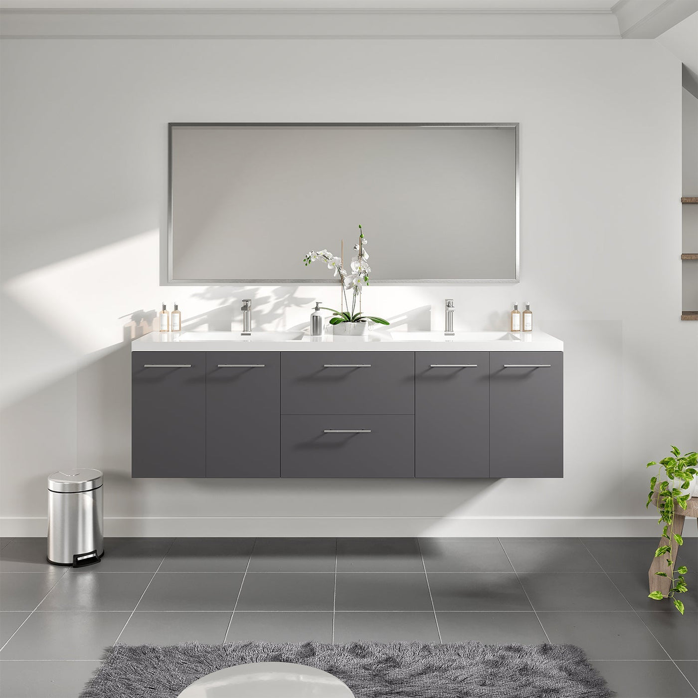 Axis 72"W x 20"D Gray Wall Mount Double Sink Bathroom Vanity with White Acrylic Countertop and Integrated Sinks